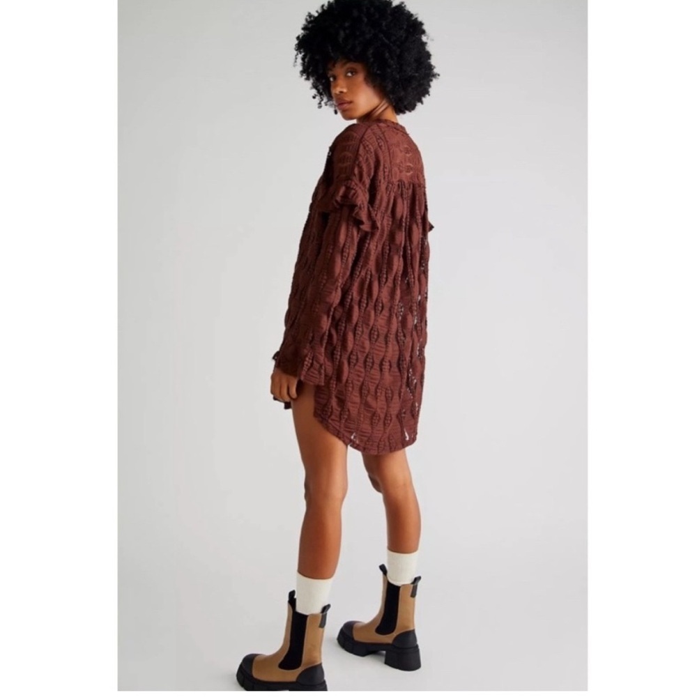 Free People Candy Shop Brown Crochet Women's Oversized Blouse Top